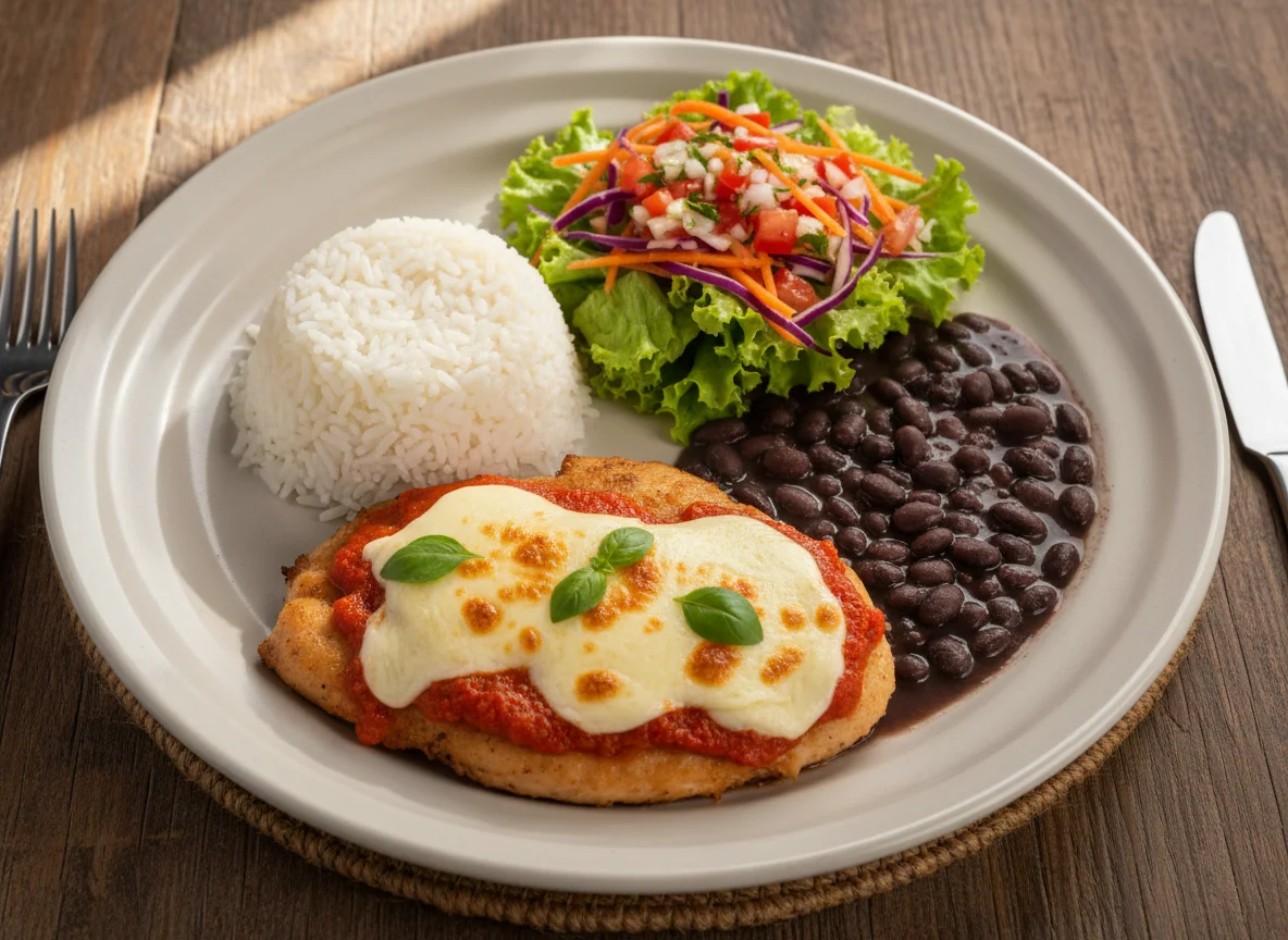 Prato feito com frango à parmegiana, arroz, feijão e salada photo