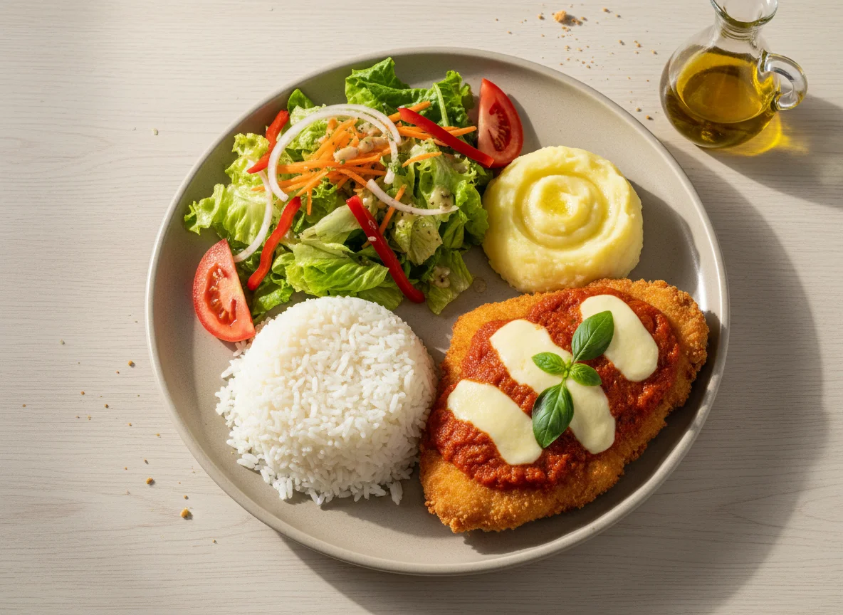 Prato feito com frango à parmegiana, arroz, purê de batata e salada photo