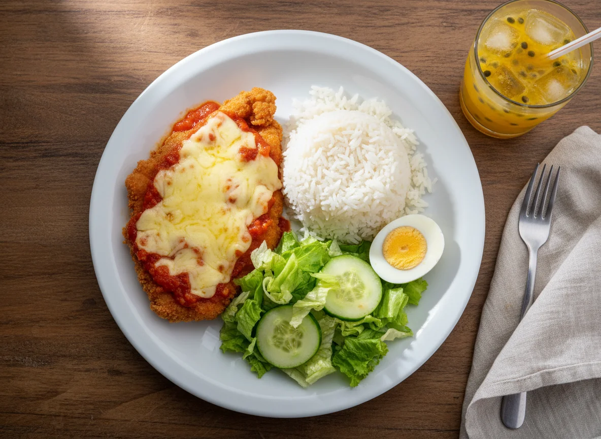 Prato feito com frango à parmegiana, arroz, salada e ovo cozido photo