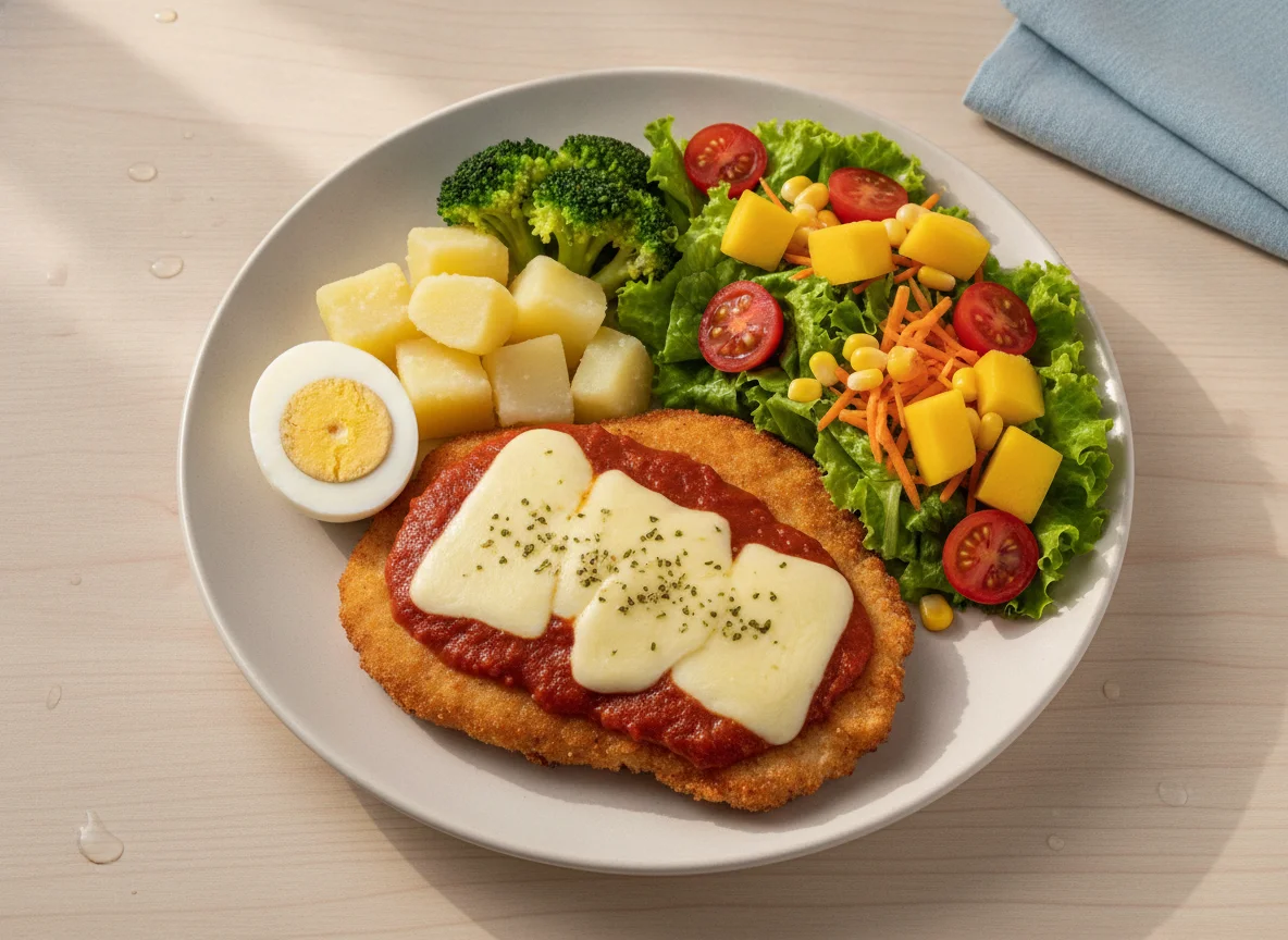 Prato feito com frango à parmegiana, ovo cozido e salada photo