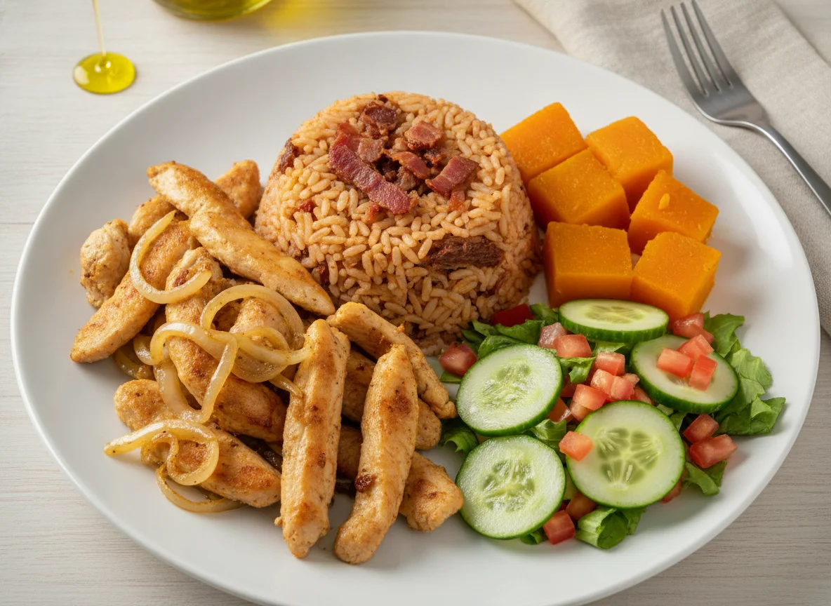 Prato feito com frango acebolado, arroz carreteiro, abóbora e salada photo
