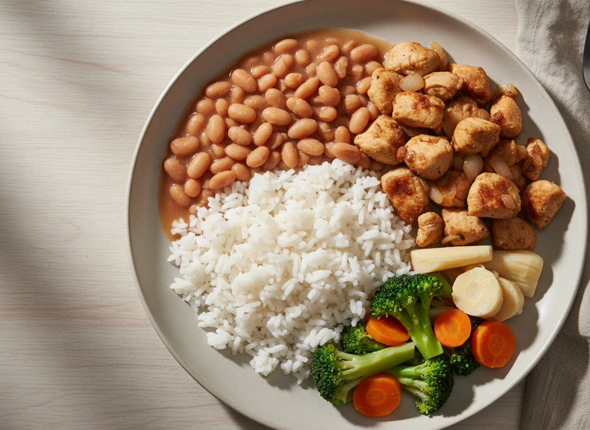 Prato feito com frango acebolado, arroz, feijão e legumes cozidos photo
