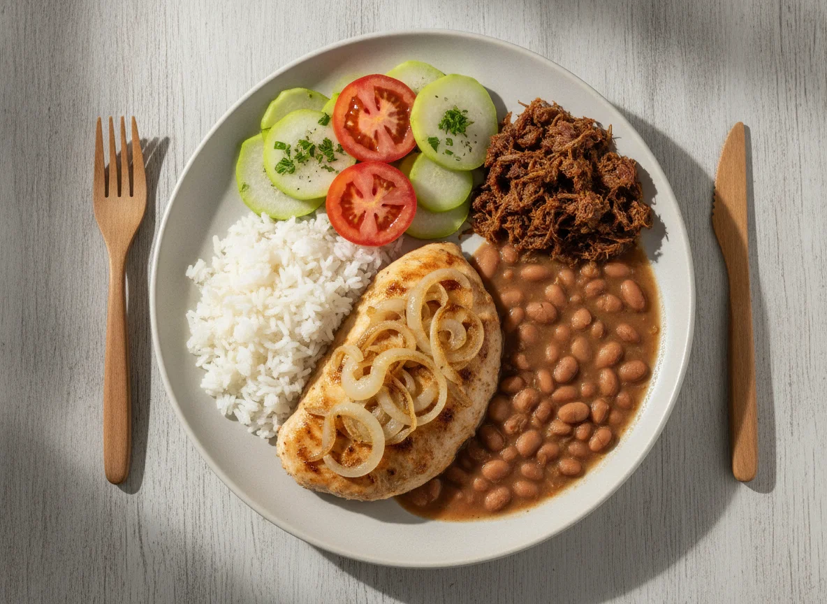 Prato feito com frango acebolado, arroz, feijão, salada e carne seca photo