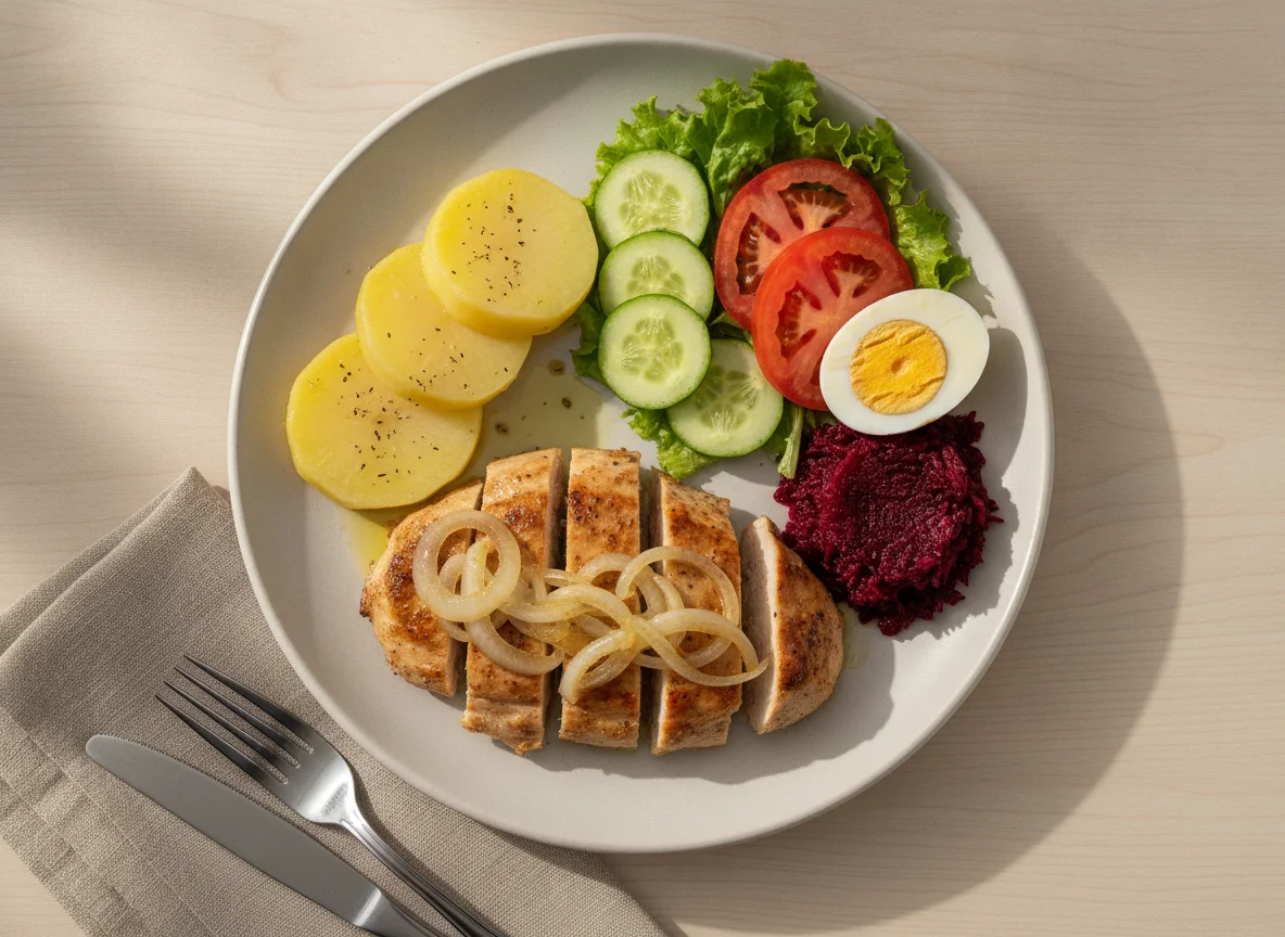 Prato Feito com Frango Acebolado, Batatas e Salada photo