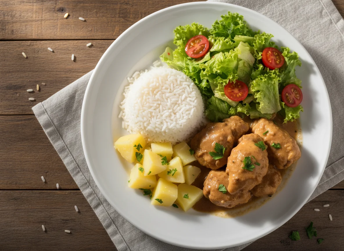 Prato feito com frango ao molho, arroz, batatas e salada photo