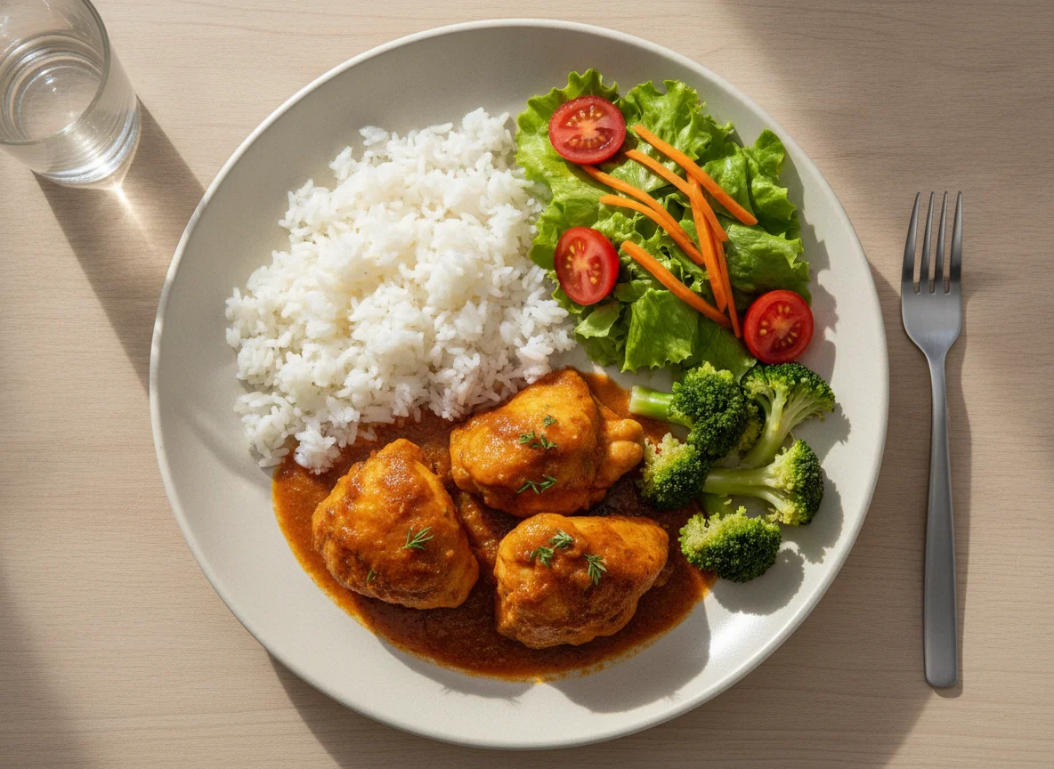 Prato feito com frango ao molho, arroz, brócolis e salada photo
