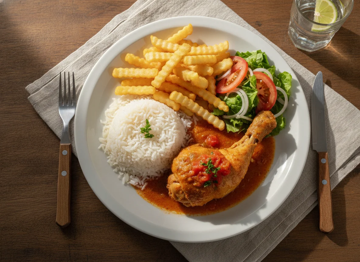Prato feito com frango ao molho, arroz e batatas fritas photo