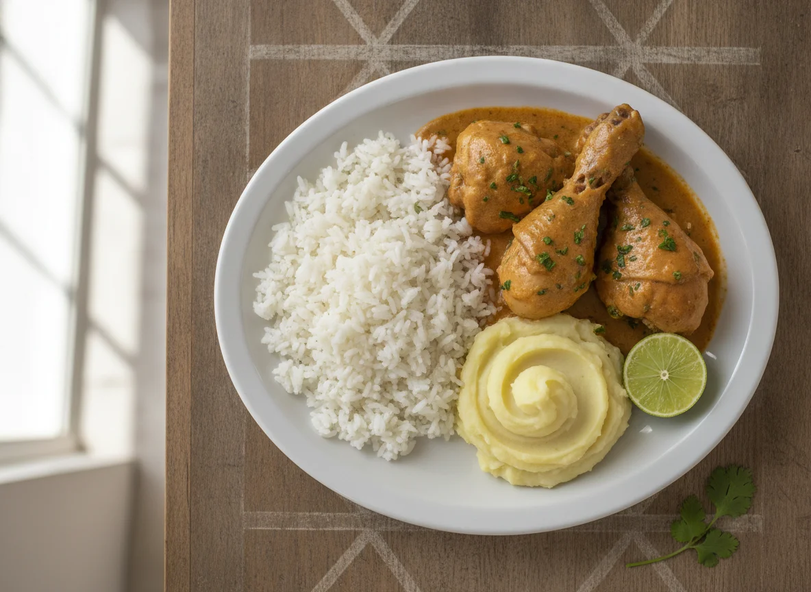 Prato feito com frango ao molho, arroz e purê de batata photo