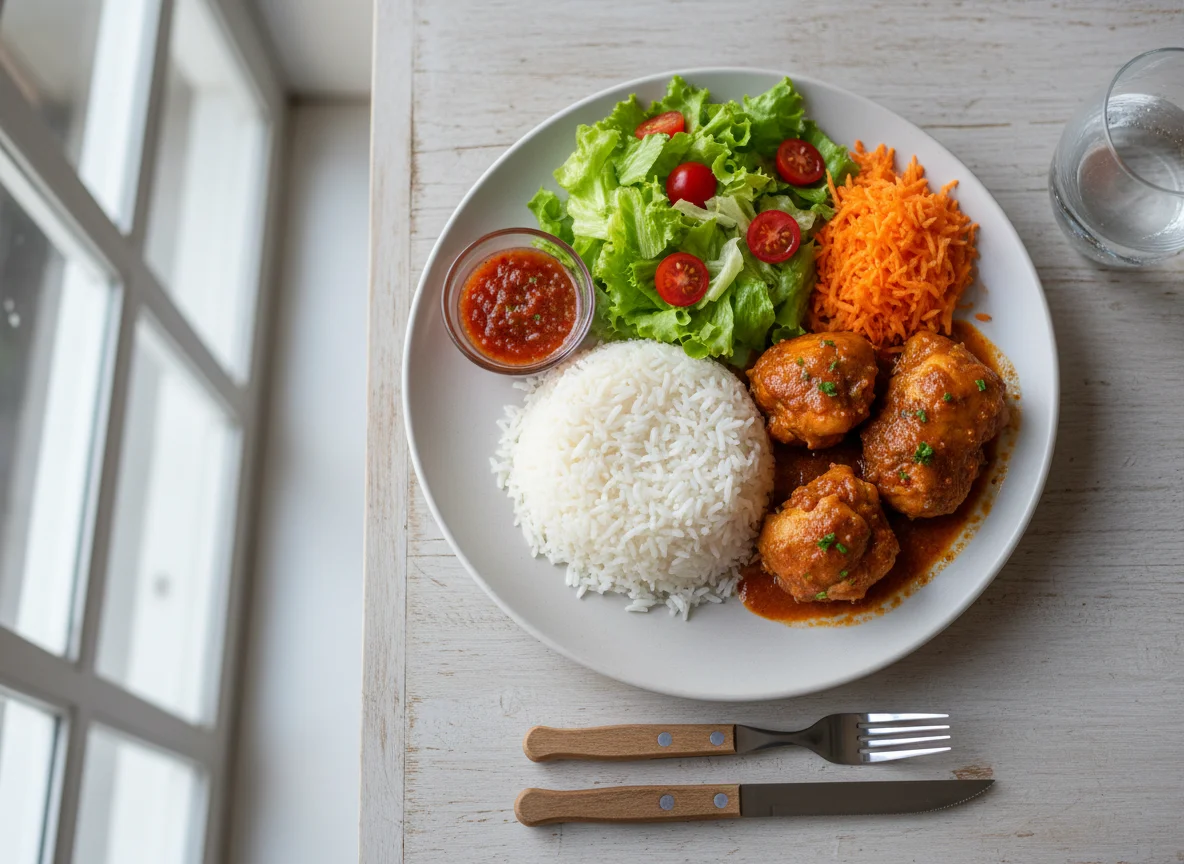 Prato feito com frango ao molho, arroz e salada photo