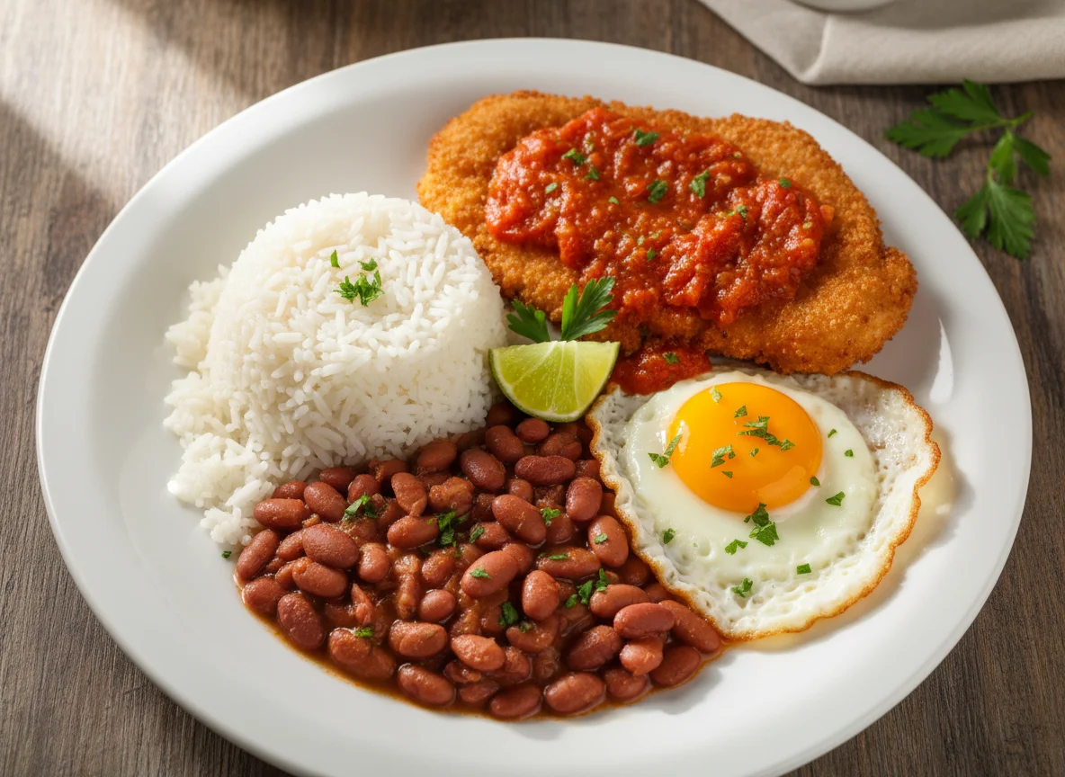 Prato feito com frango ao molho, arroz, feijão e ovo frito photo