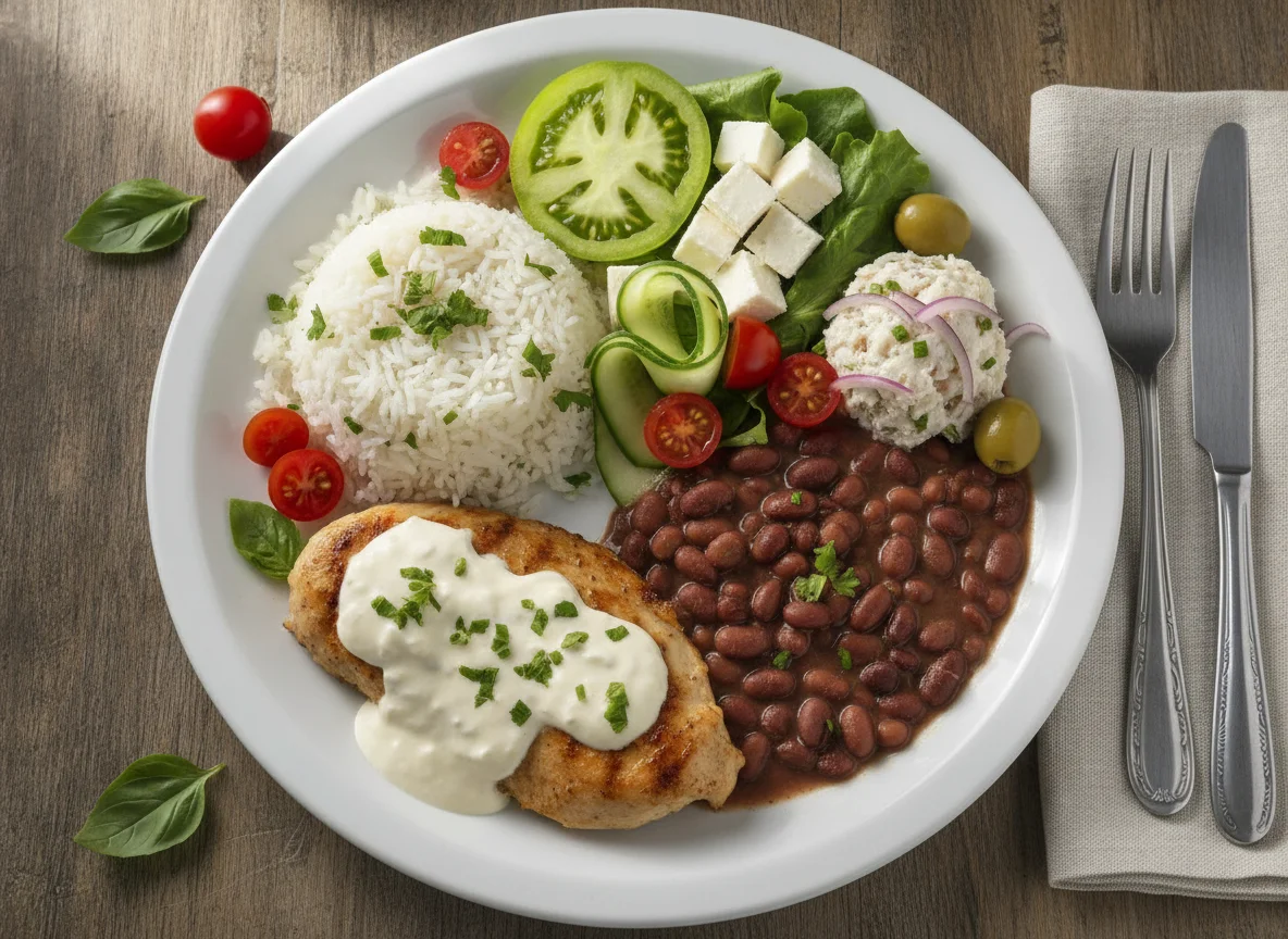 Prato Feito com Frango ao Molho, Arroz, Feijão e Salada Variada photo