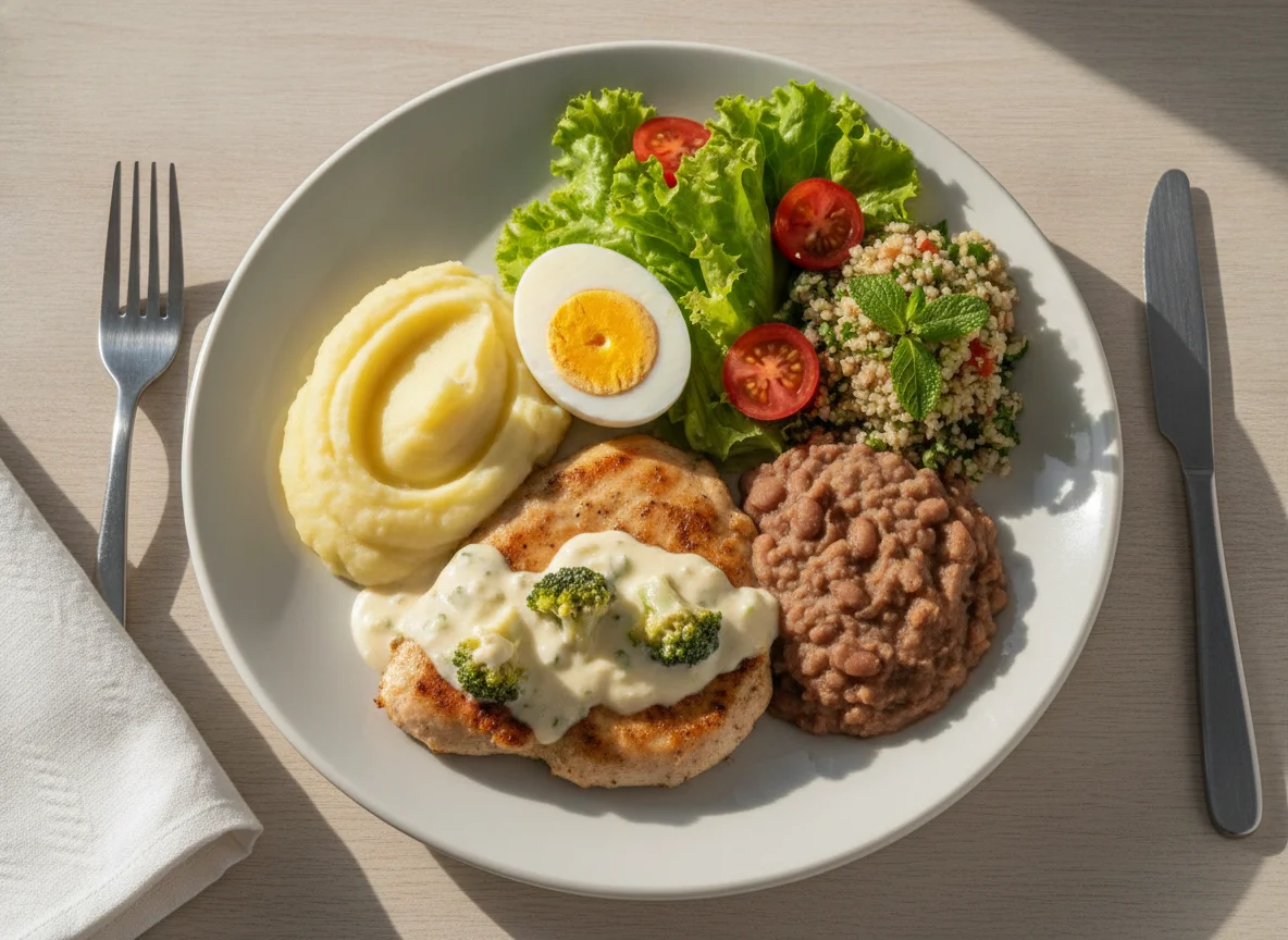 Prato feito com frango ao molho branco, purê de batata, ovo cozido e salada photo