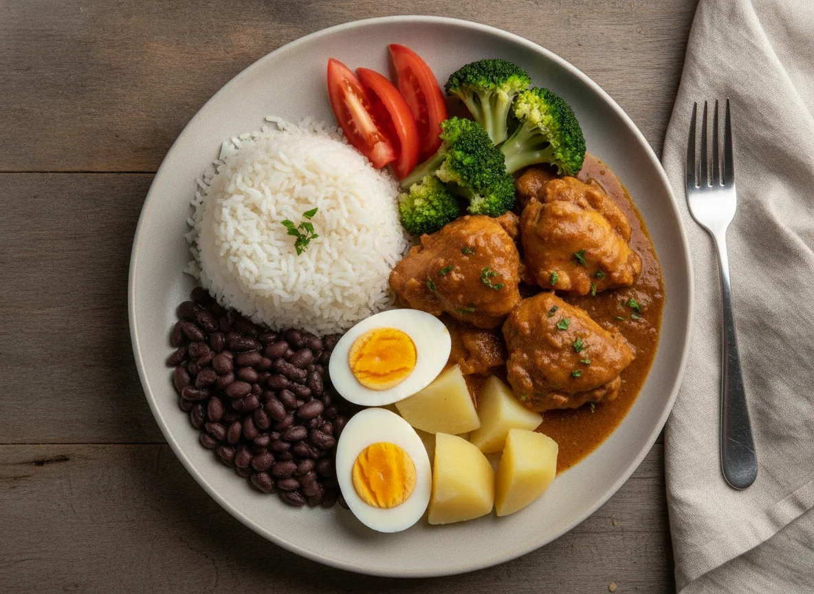 Prato feito com frango ao molho, ovo, arroz e vegetais photo
