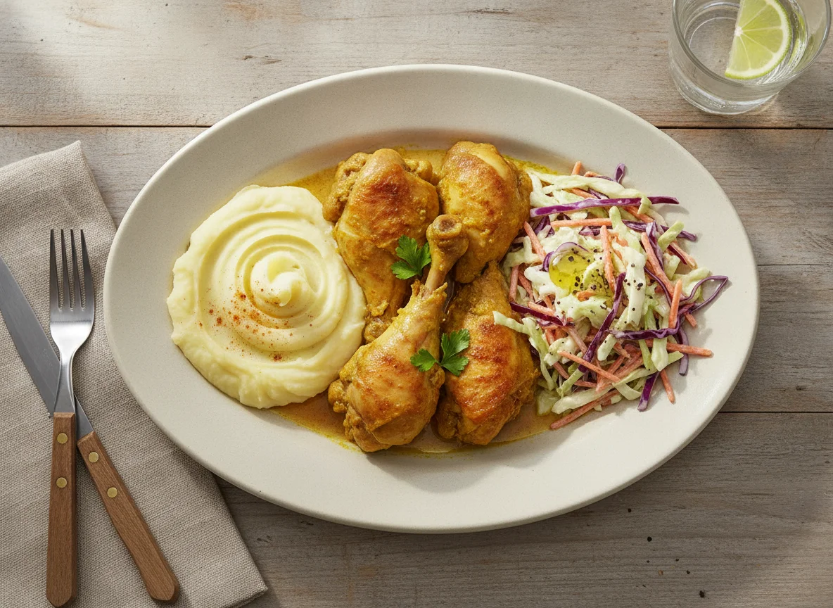 Prato feito com frango ao molho, salada de repolho e purê de batata photo