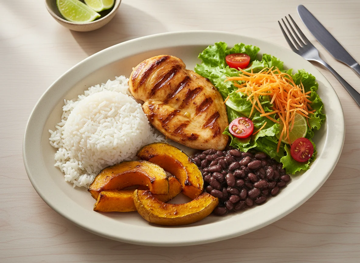 Prato feito com frango, arroz, abóbora e salada photo