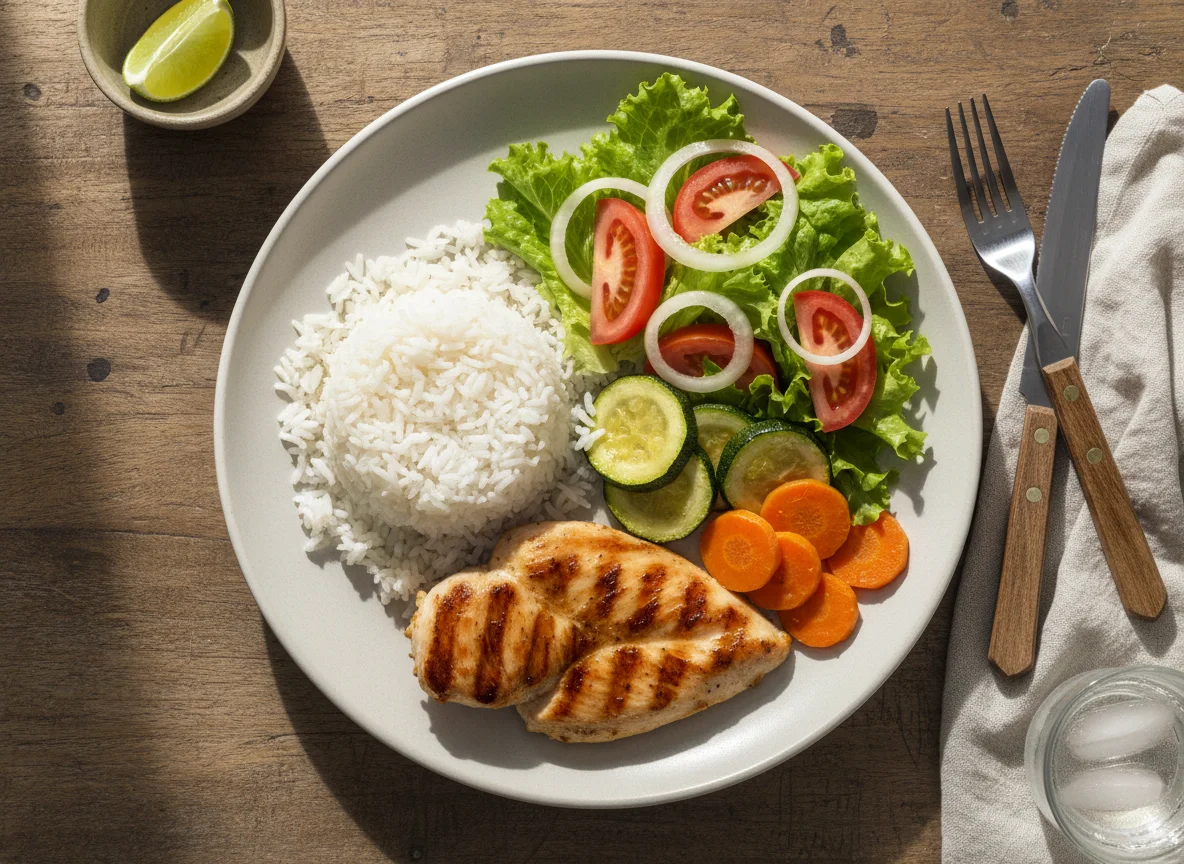 Prato feito com frango, arroz, abobrinha e salada photo