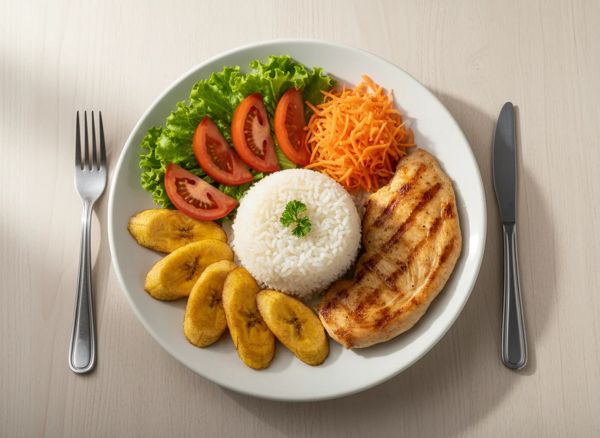 Prato feito com frango, arroz, banana da terra e salada photo