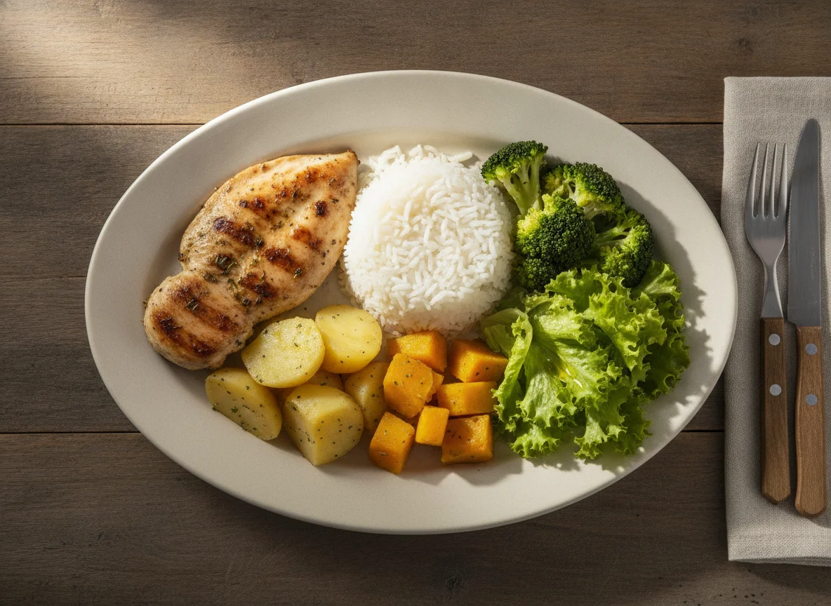 Prato feito com frango, arroz, batata, abóbora e salada photo