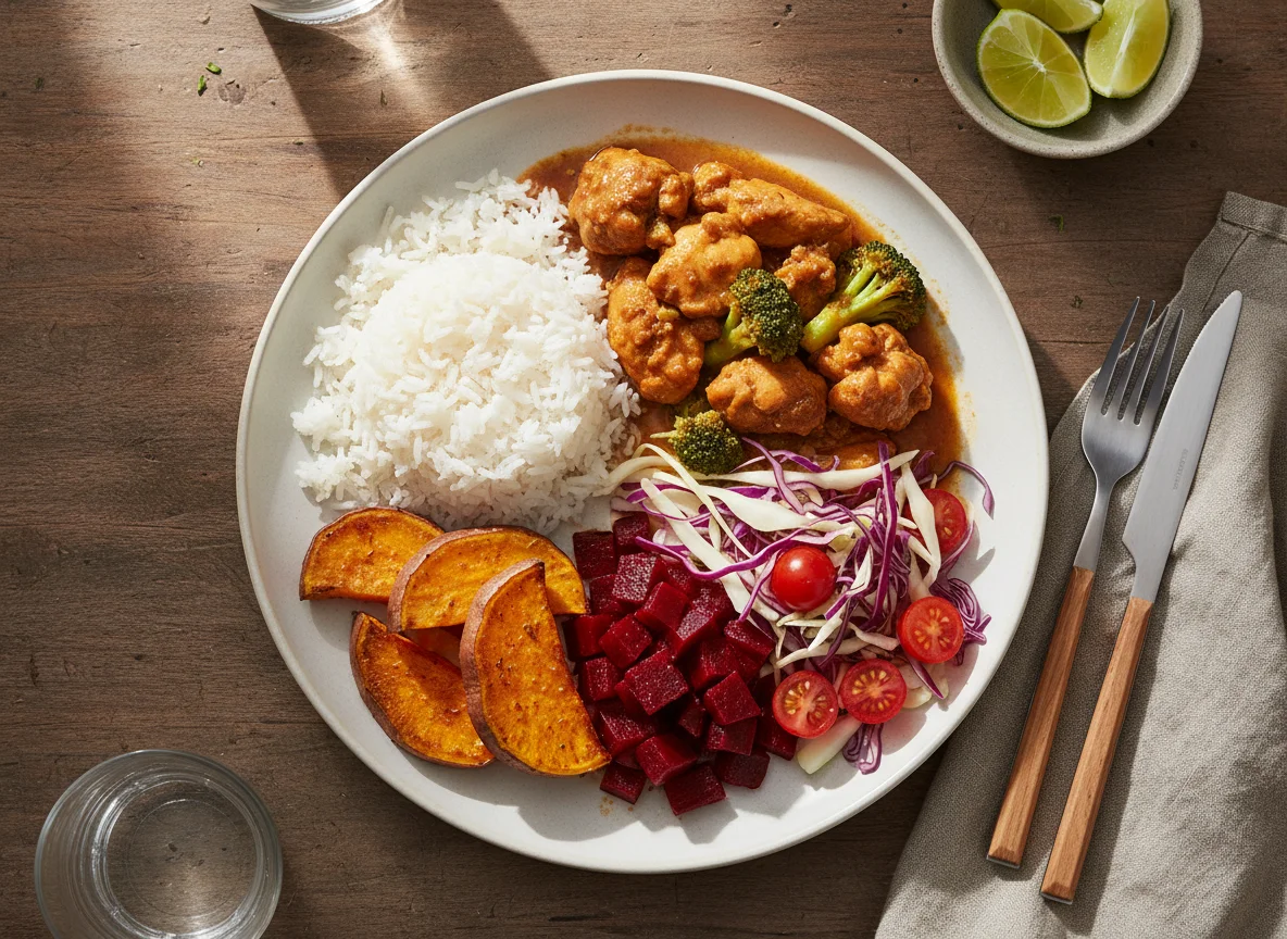 Prato feito com frango, arroz, batata doce e salada photo