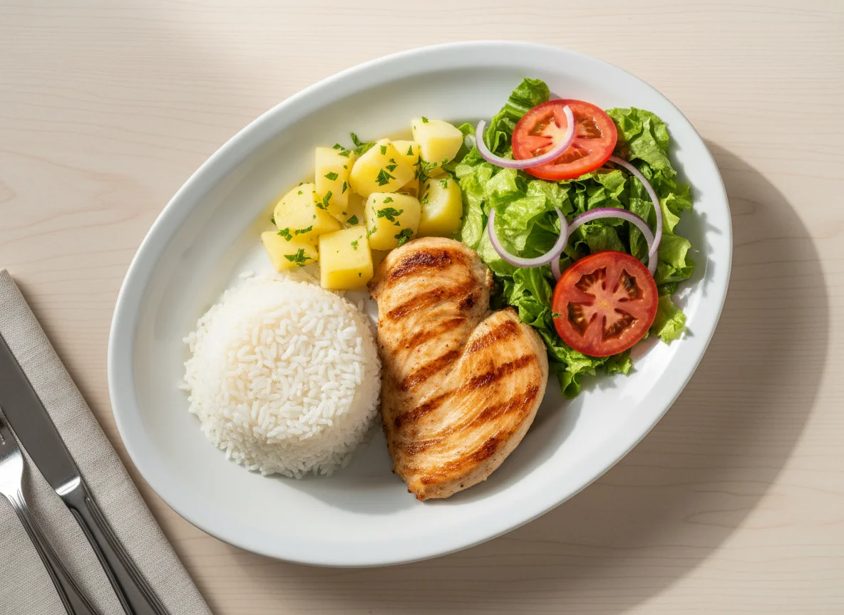 Prato feito com frango, arroz, batata e salada photo