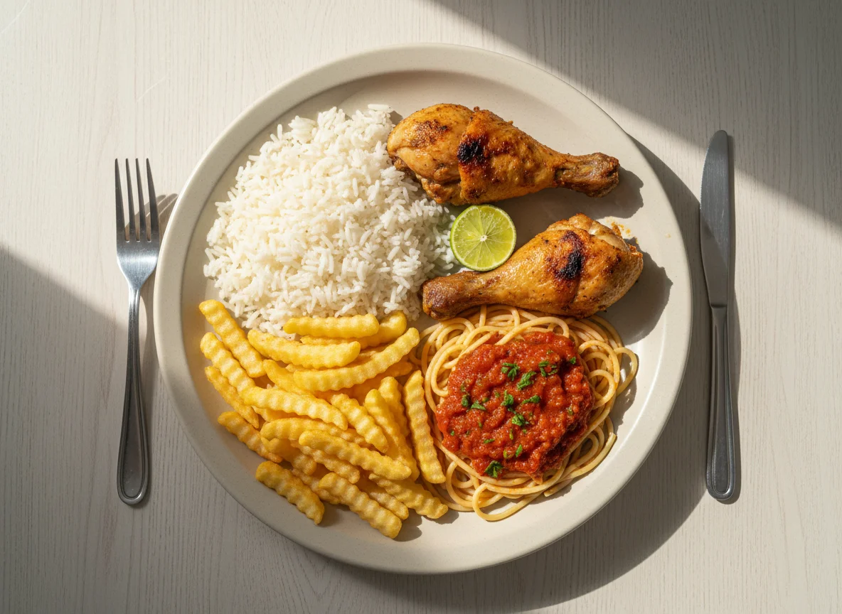 Prato feito com frango, arroz, batata frita e macarrão photo