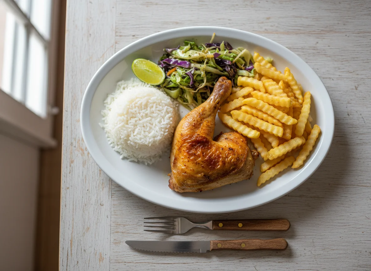 Prato feito com frango, arroz, batata frita e repolho refogado photo