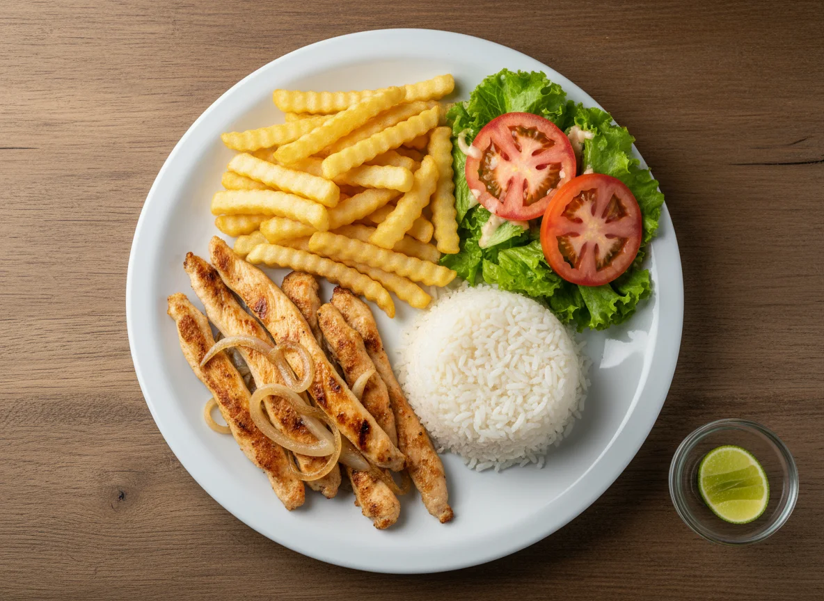 Prato Feito com Frango, Arroz, Batata Frita e Salada photo