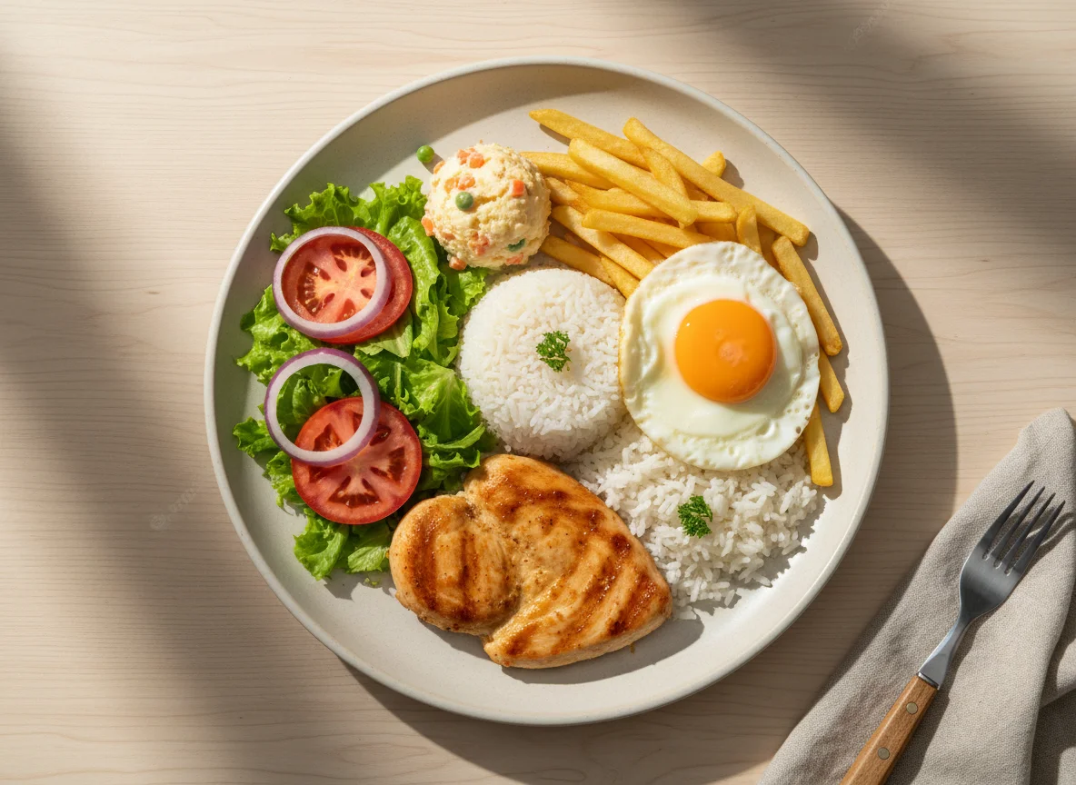 Prato feito com frango, arroz, batata frita, ovo e salada photo