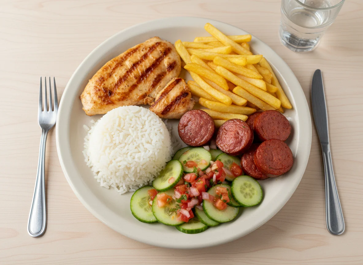 Prato feito com frango, arroz, batata frita, salada de pepino e linguiça photo