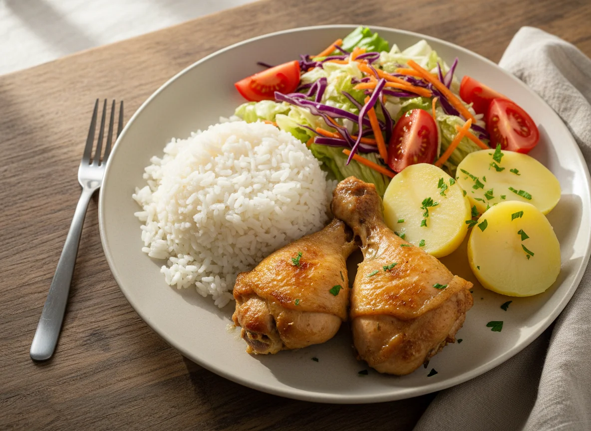 Prato feito com frango, arroz, batatas e salada photo