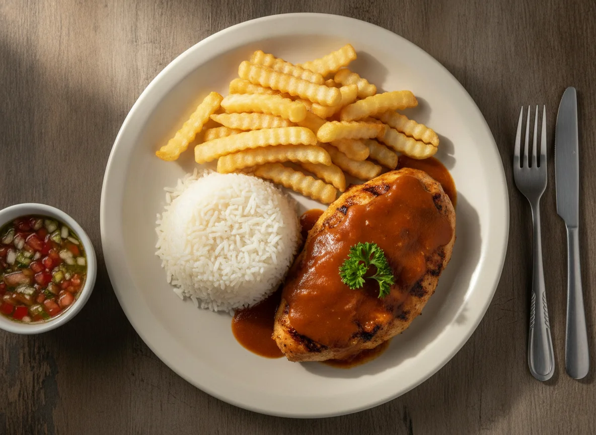 Prato feito com frango, arroz e batata frita photo