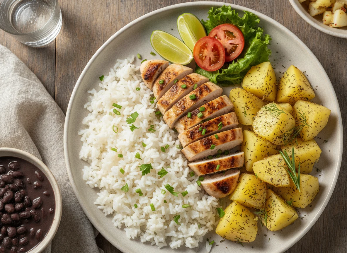 Prato feito com frango, arroz e batatas photo