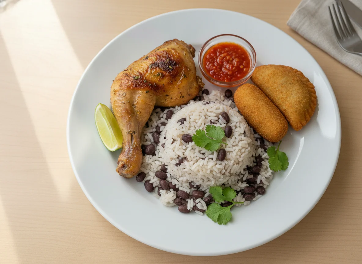 Prato feito com frango, arroz e feijão, e um salgado frito photo