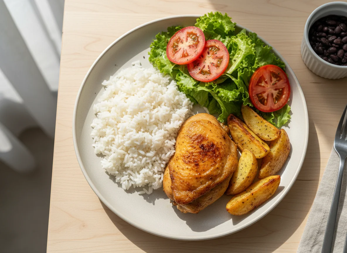 Prato feito com frango, arroz e salada photo