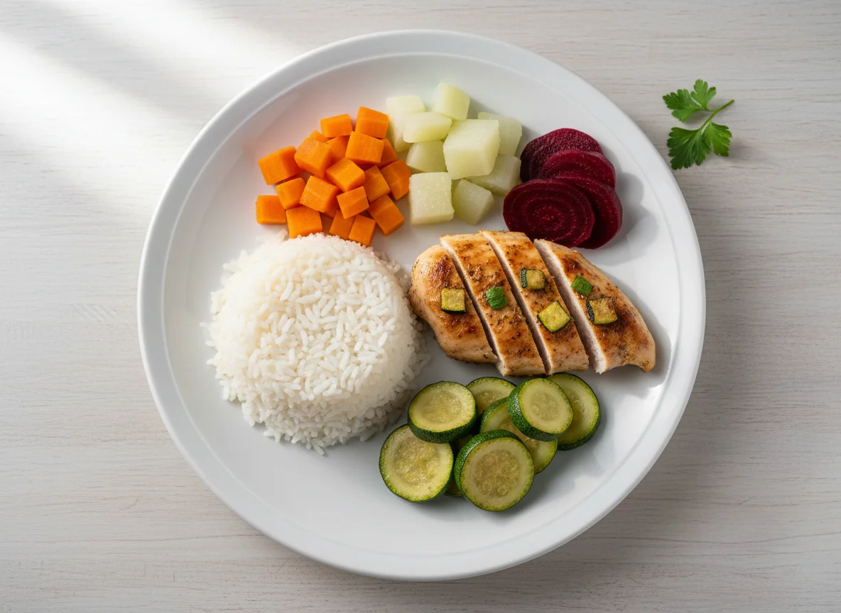 Prato feito com frango, arroz e vegetais photo