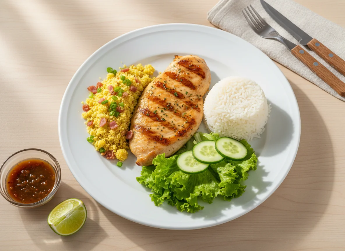 Prato feito com frango, arroz, farofa e salada photo