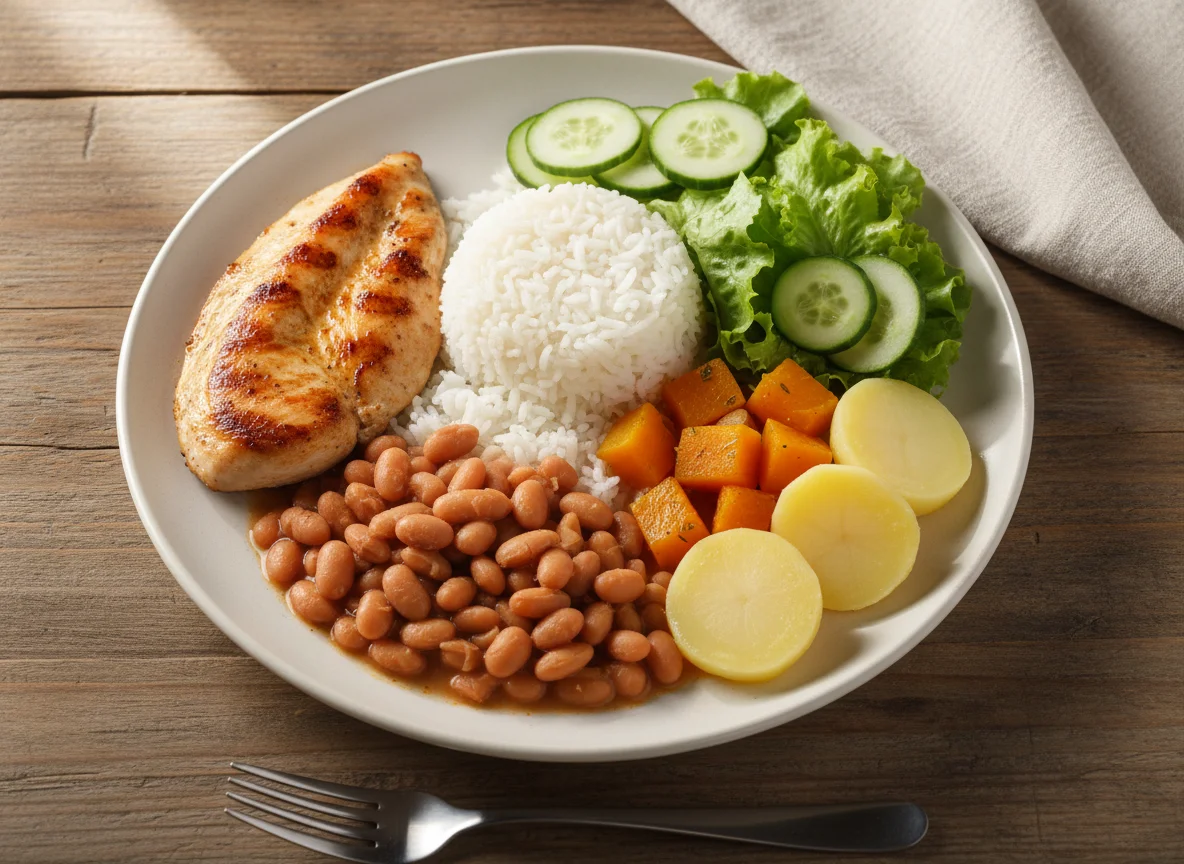 Prato feito com frango, arroz, feijão, abóbora, batata e salada photo