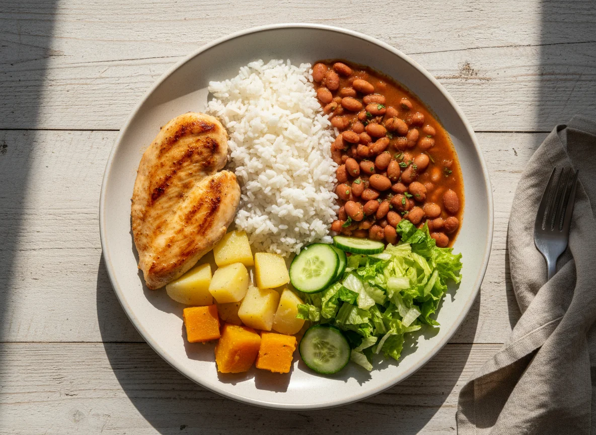 Prato feito com frango, arroz, feijão, batata, abóbora e salada photo