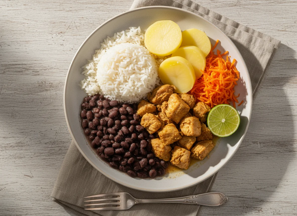 Prato feito com frango, arroz, feijão, batata e cenoura photo