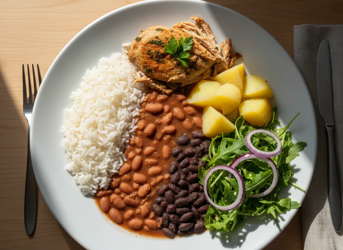 Prato feito com frango, arroz, feijão, batata e salada photo