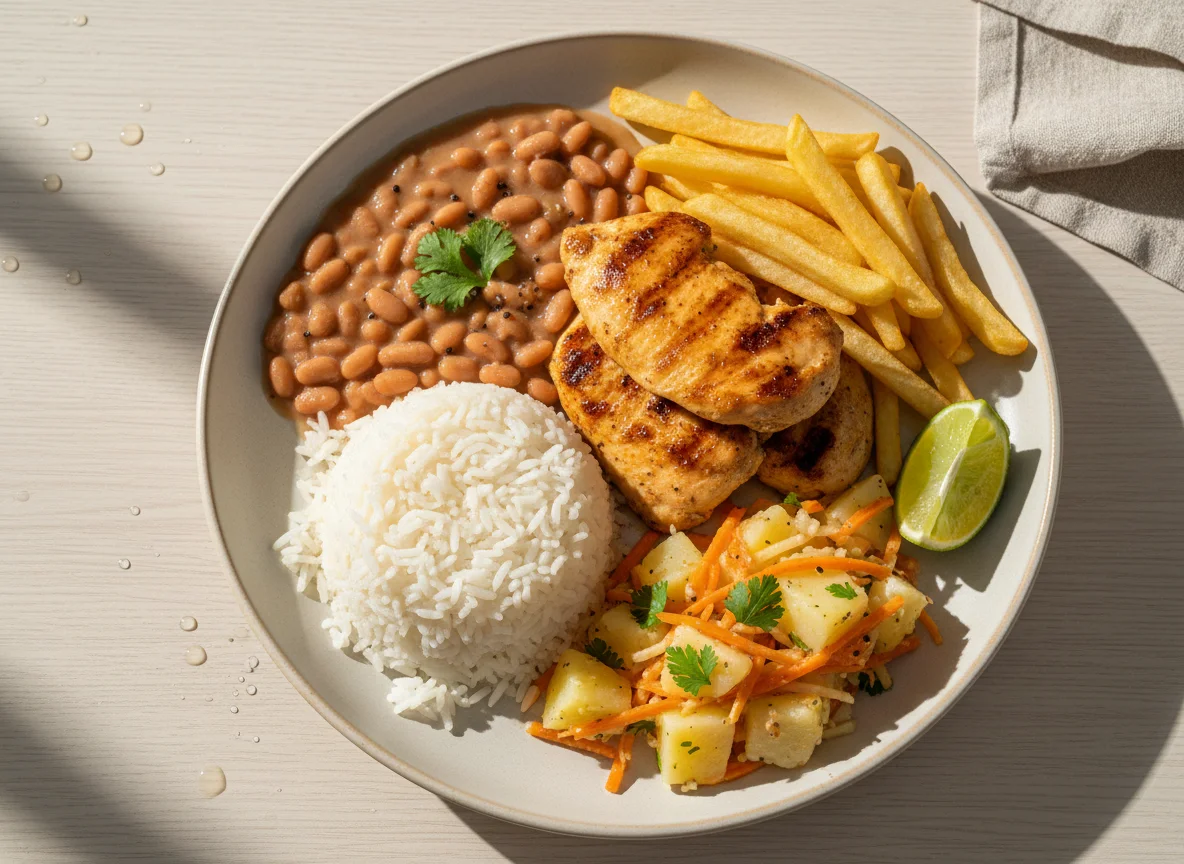 Prato feito com frango, arroz, feijão, batata frita e legumes photo