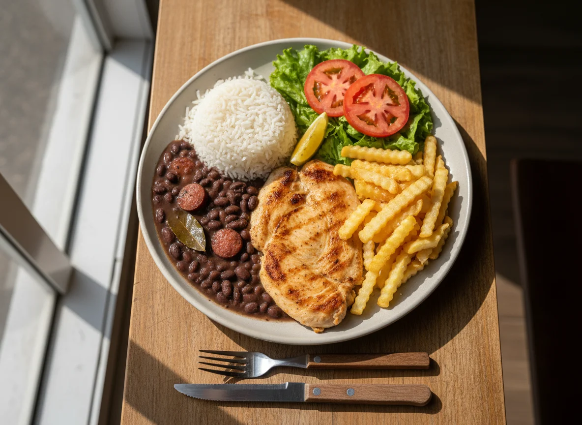 Prato feito com frango, arroz, feijão, batata frita e salada photo