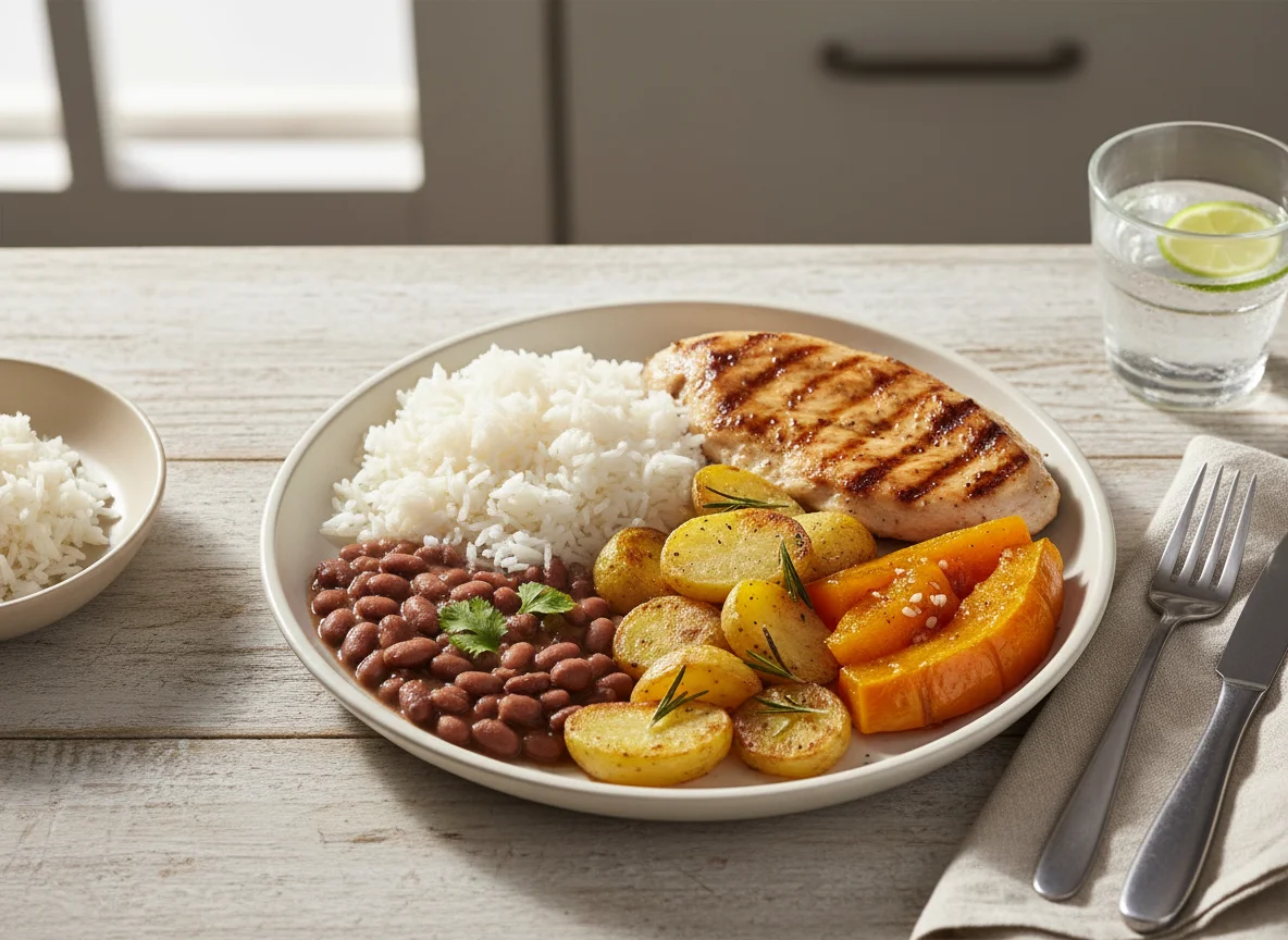 Prato feito com frango, arroz, feijão, batata rústica e abóbora photo