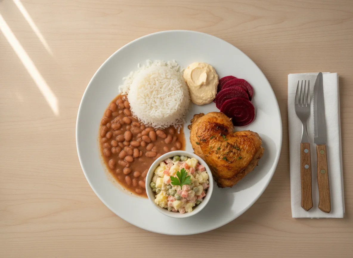 Prato feito com frango, arroz, feijão, beterraba e salada de maionese photo