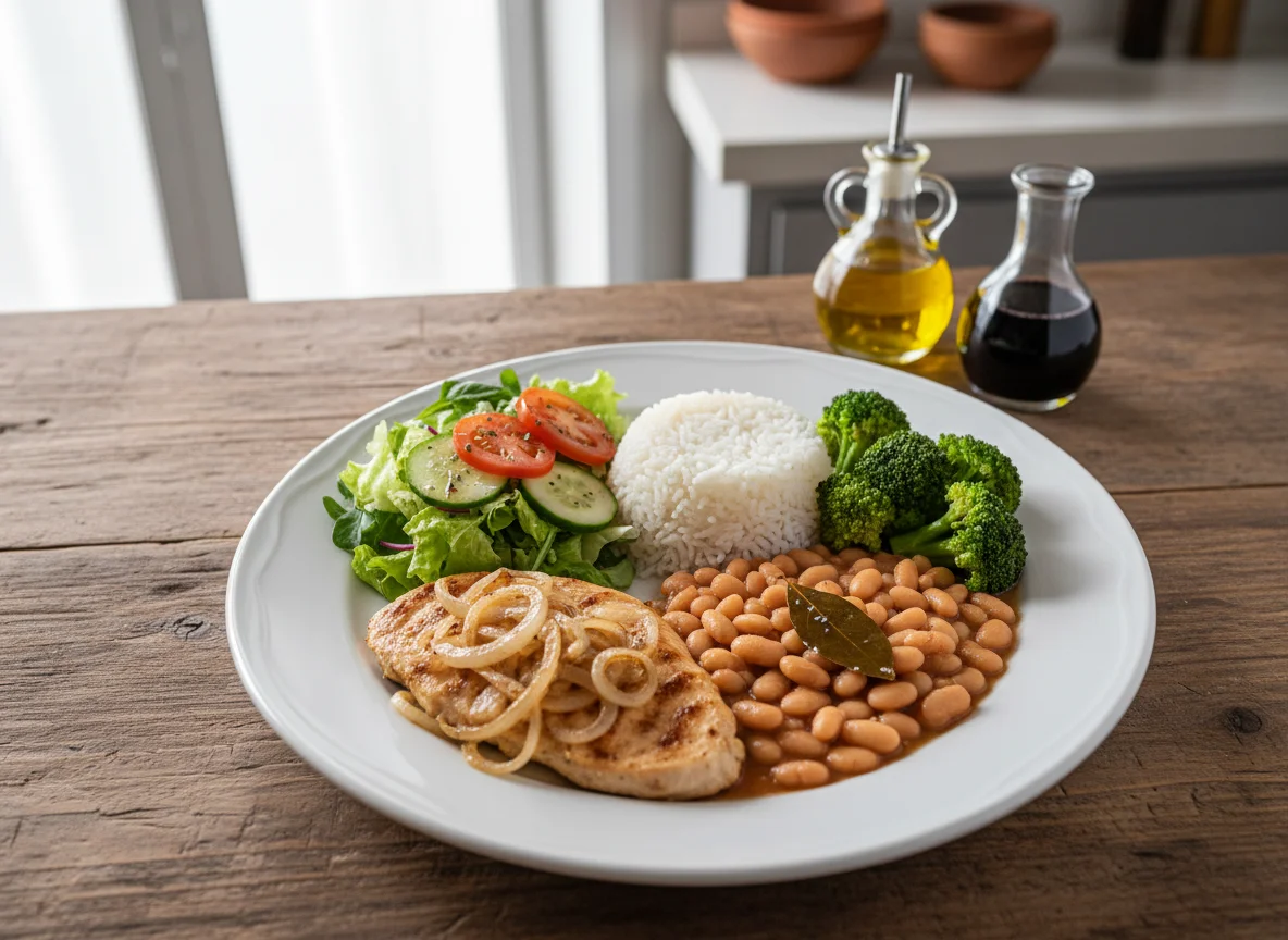 Prato feito com frango, arroz, feijão, brócolis e salada photo