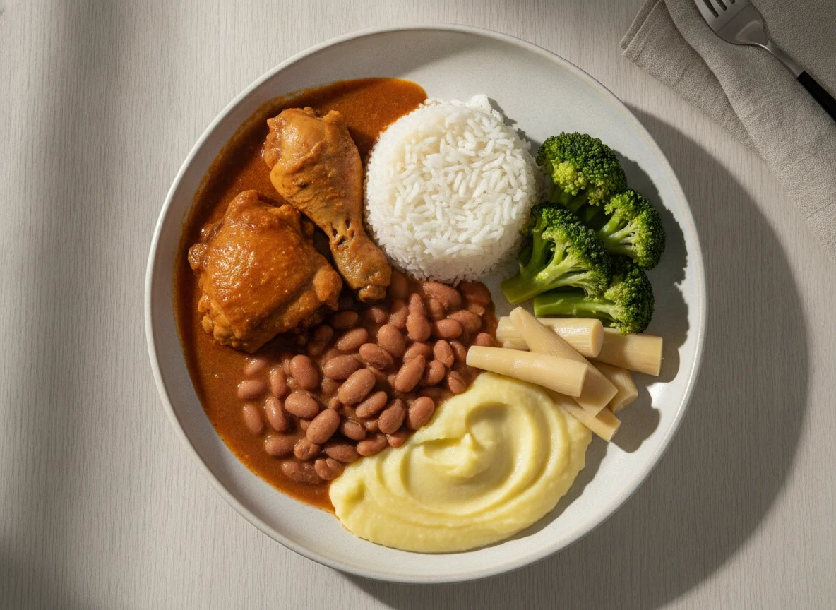 Prato feito com frango, arroz, feijão, brócolis, palmito e purê photo