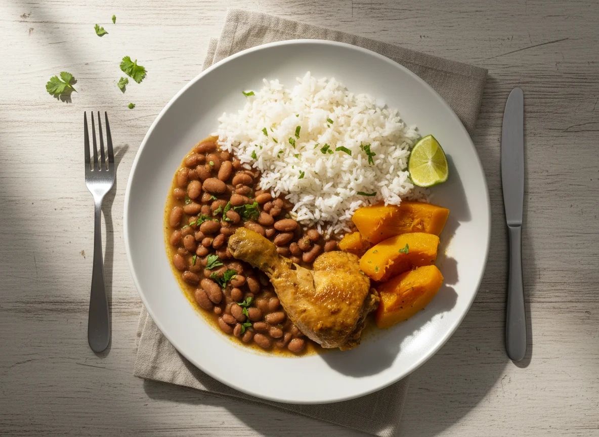 Prato feito com frango, arroz, feijão e abóbora photo