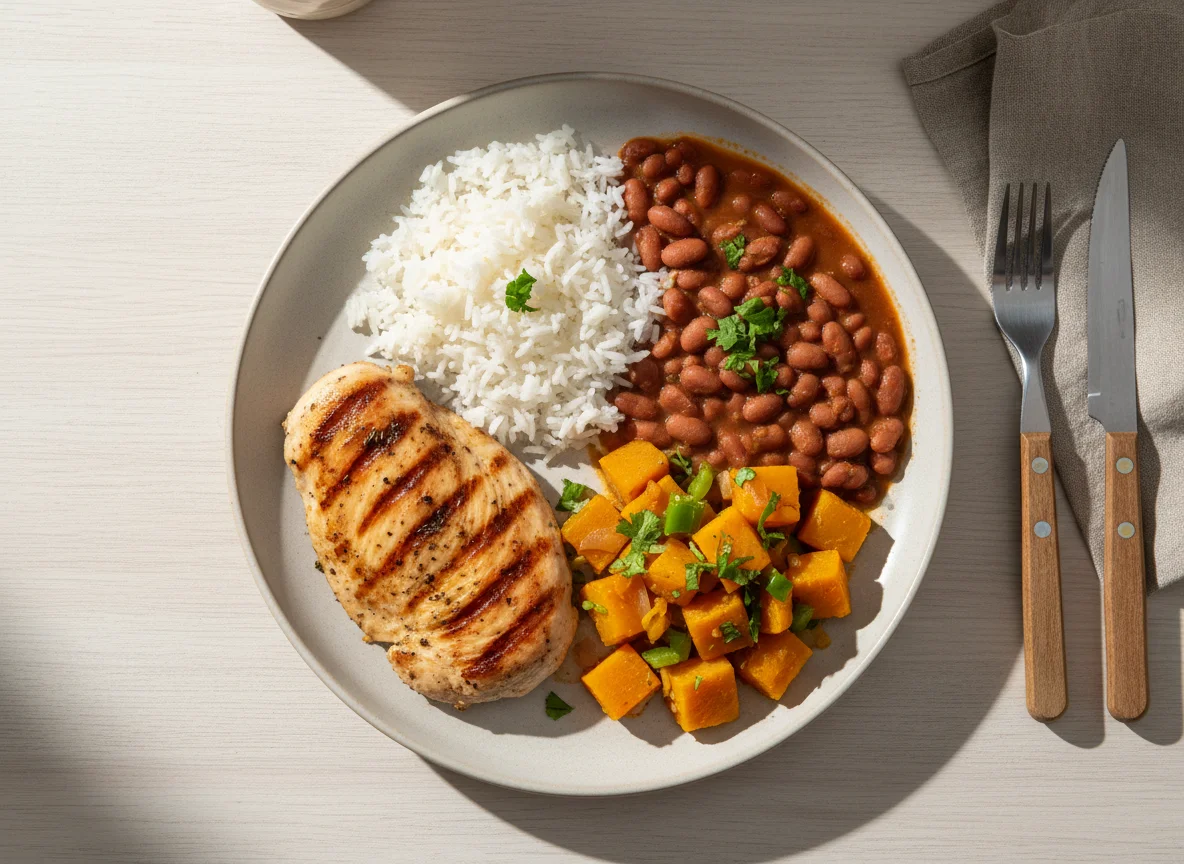 Prato feito com frango, arroz, feijão e abóbora refogada photo