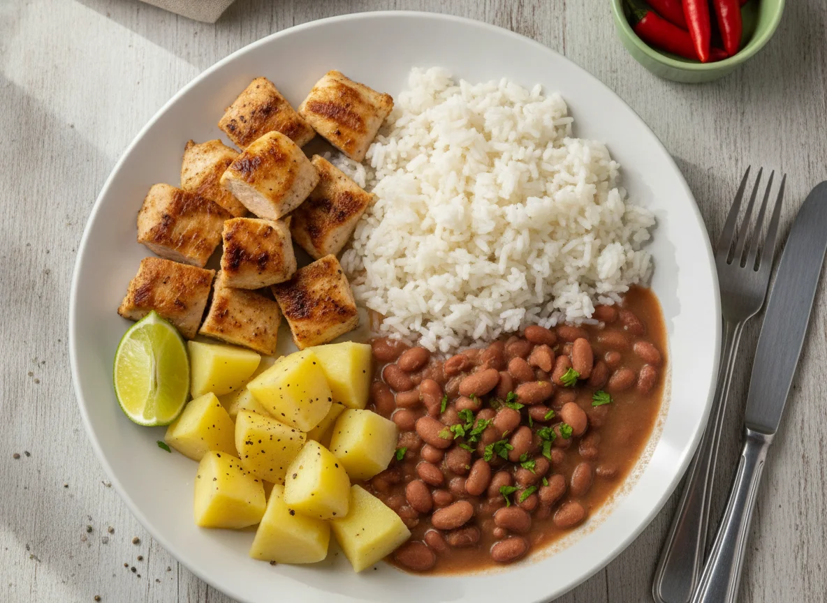 Prato feito com frango, arroz, feijão e batata photo