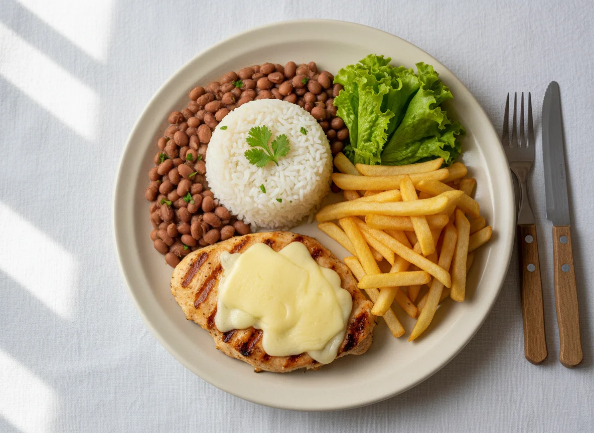 Prato feito com frango, arroz, feijão e batata frita photo